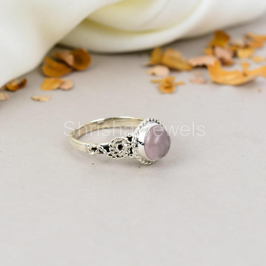 Rose Quartz 925 Sterling Silver Pink Round Gemstone Handmade Jewelry Ring For Women