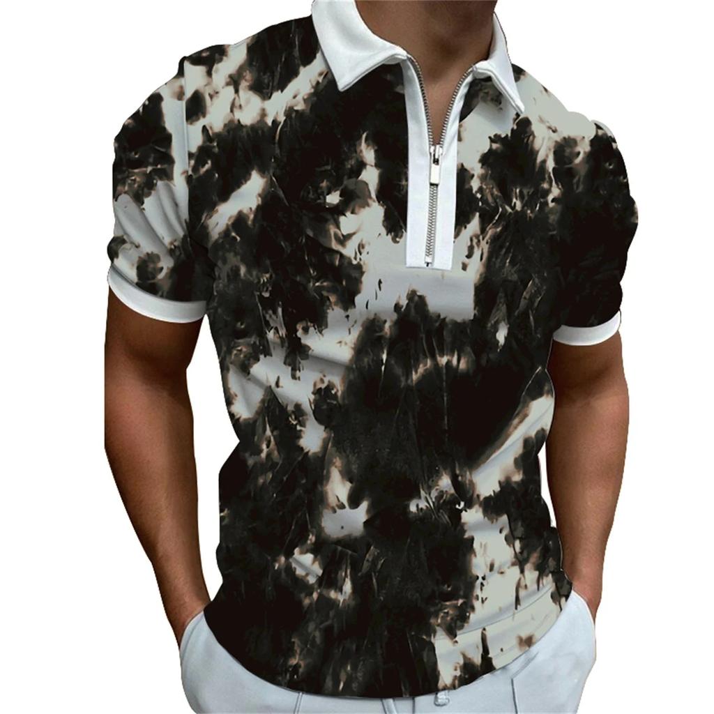 Men's Spring and Summer Short Sleeve Casual Polo Shirt Men's Personality Fashion Printed Zipper Lapel Polo T-shirt