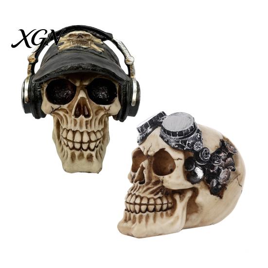 Halloween Prank Props Hip-hop Headphone/Steampunk Skull Figurine, Resin Skeleton Statue, Vintage Ornament for Party Haunted House & Home Decors