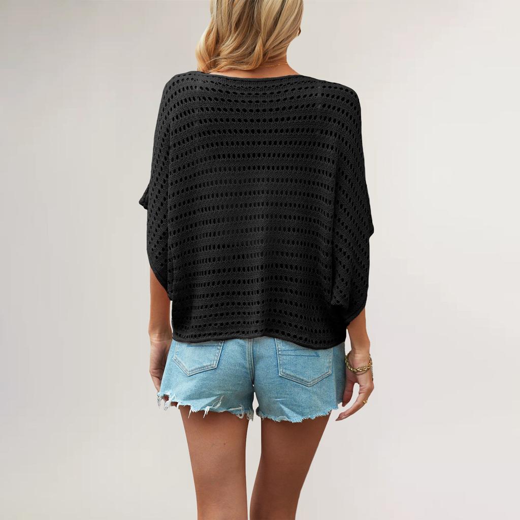 QICED O-Neck Solid Color Top Bat Sleeve Hollow Loose Large Size Sweater Women