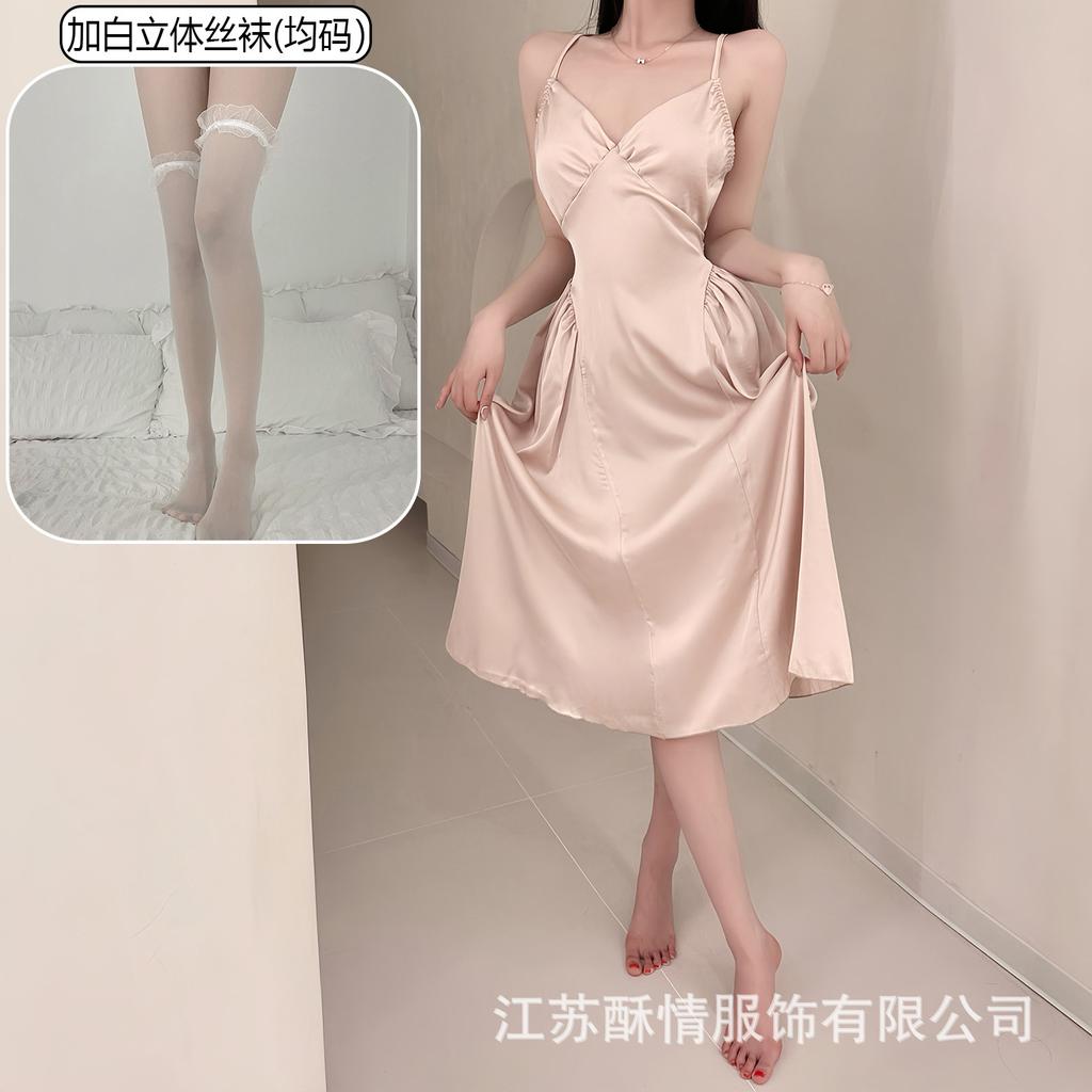 Crispy sexy suspender long hollow backless strap solid color low neck temptation casual nightdress home set