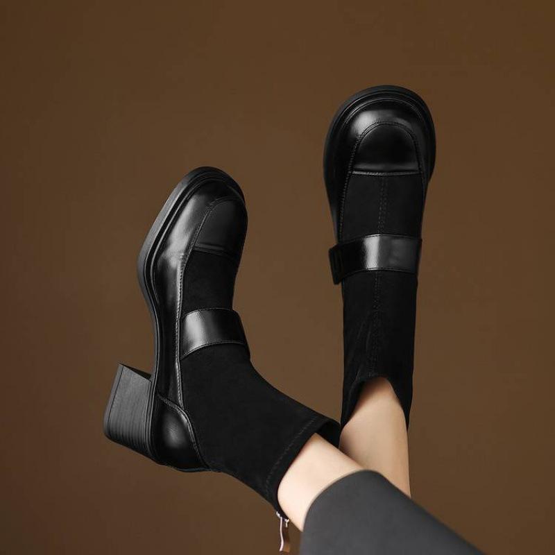 Neue runde Lederkopf-Martin-Stiefel einfarbig Reißverschluss hinten große Größe Lederstiefel Koreanische Version bequemer Blockabsatz weiche Sohle mittel b