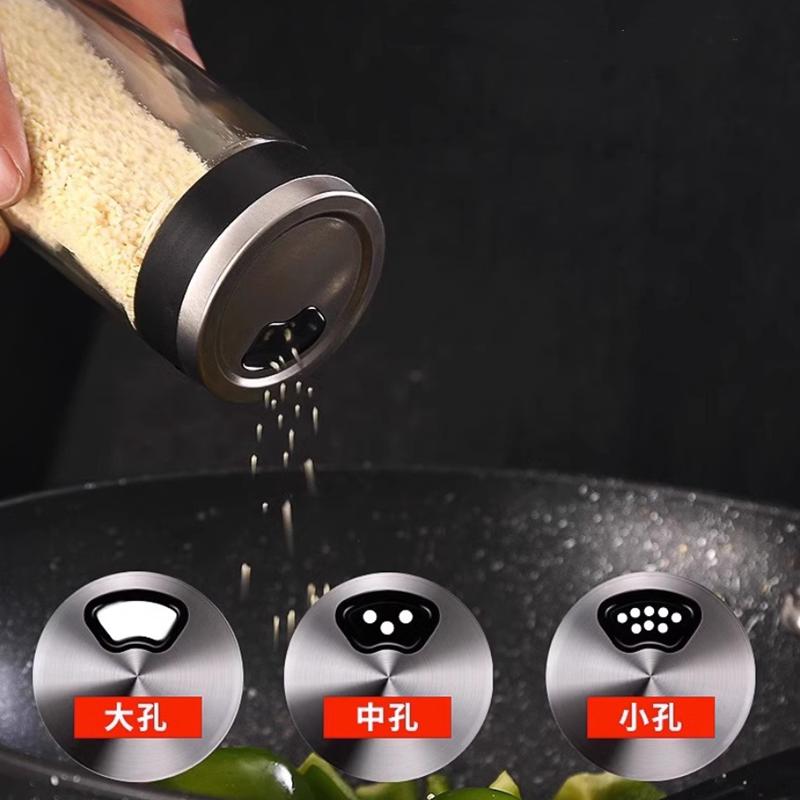 Rotating Stainless Steel Glass Seasoning Bottle, Salt and Pepper Shakers, Seasoning Box, Kitchen Seasoning Tool, Storage Rack