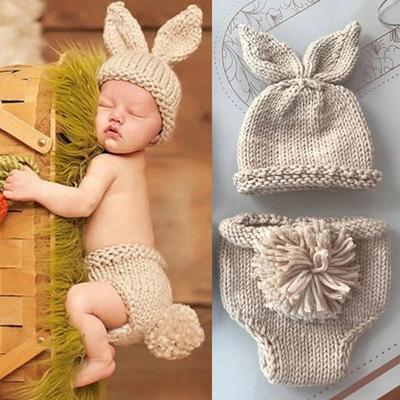 2pcs/Set Newborn Photography Props Knitted Cute Rabbit Shaped Hat+Shorts Outfits Costume Winter Baby Photo Props Clothes Suit
