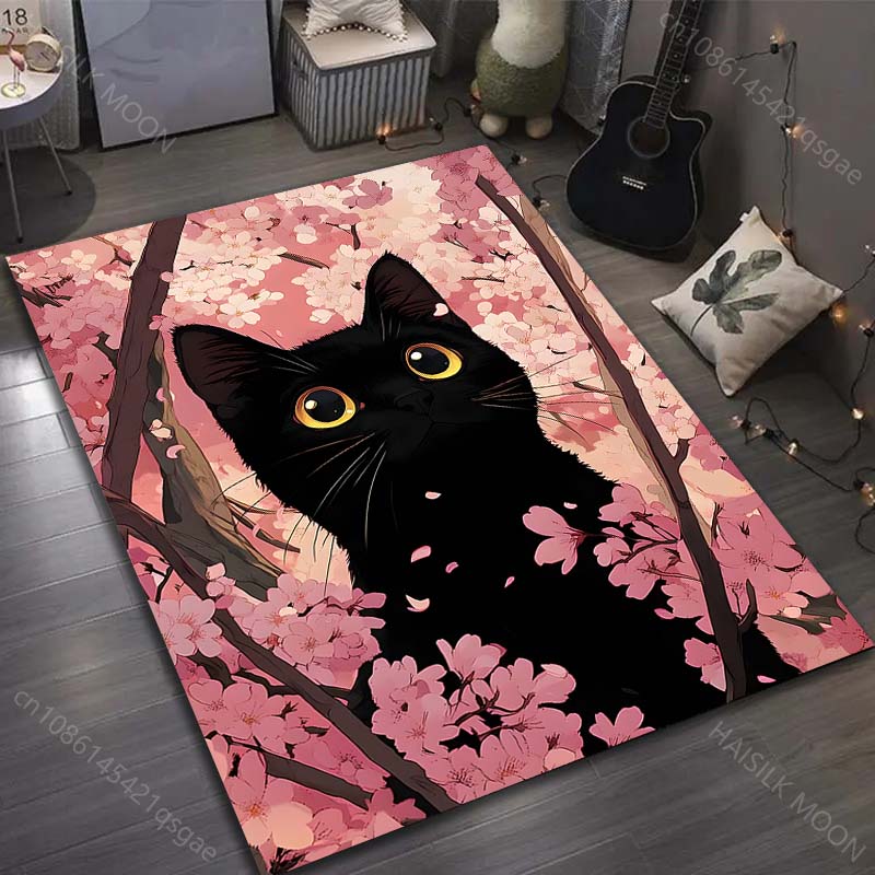 

Black cat and pink cherry blossoms Pattern Rug Carpets for Bedroom Living Room Sofa Mat Creative Door Mat Cloakroom Home Decor 40x60cm