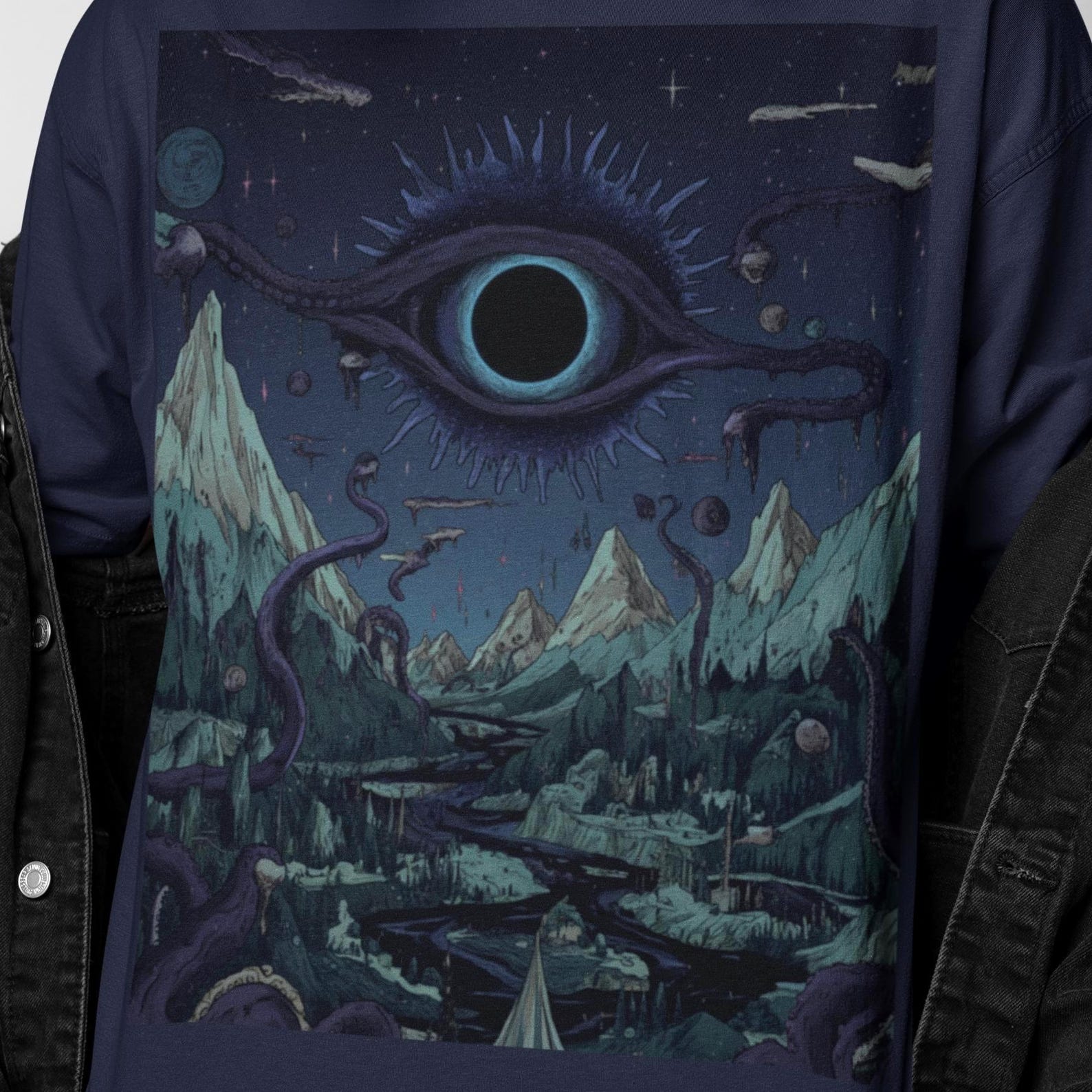 Nightmare All Seeing Eye Cosmic Landscape Shirt | Horror Dark Fantasy Art Tee | Psychedelic Space Vision Tshirt | Surreal Mountain Graphic 4XL