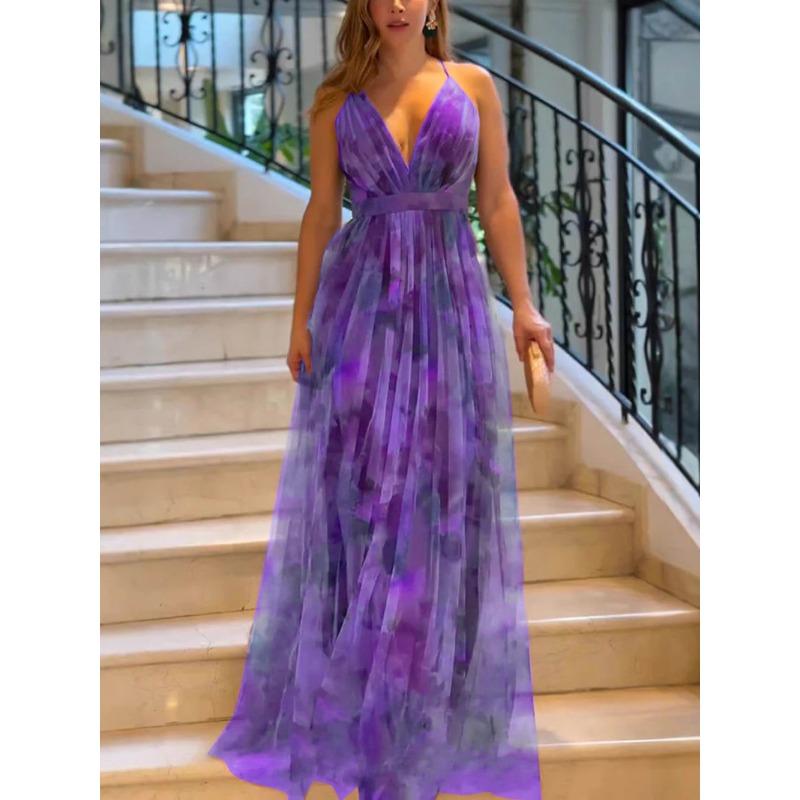 Spring and Summer New Mesh Printing Suspender Dress, Vacation Casual Party Dress