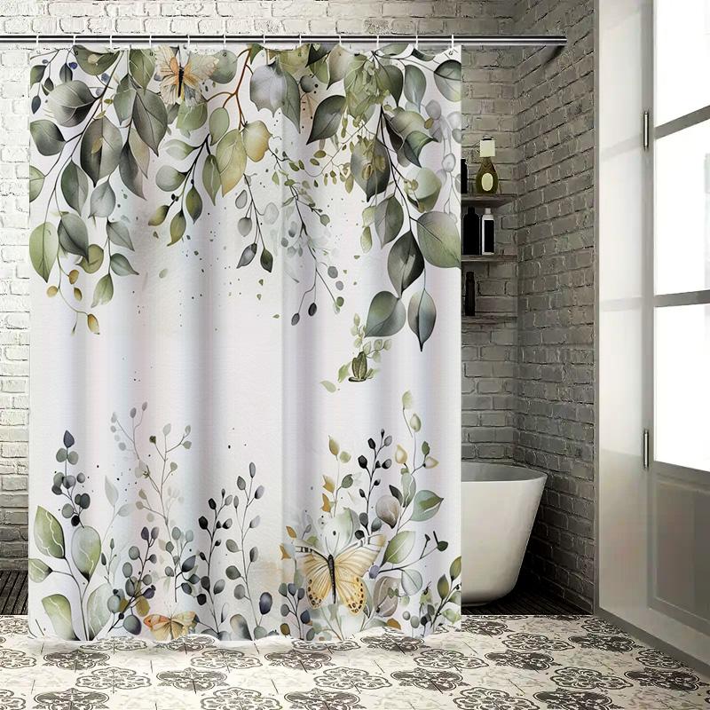 Elegant Green Leaf and Butterfly Shower Curtain for Bathroom Decoration - Waterproof and Durable Design for Stylish Home Upgrade