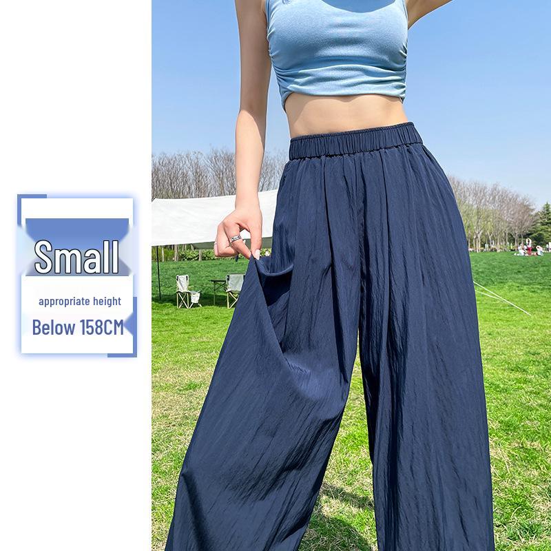 Women's Navy Blue Ice Silk Wide-Leg Pants: High-Waisted, Lightweight, Sun-Protective, Casual Trousers.