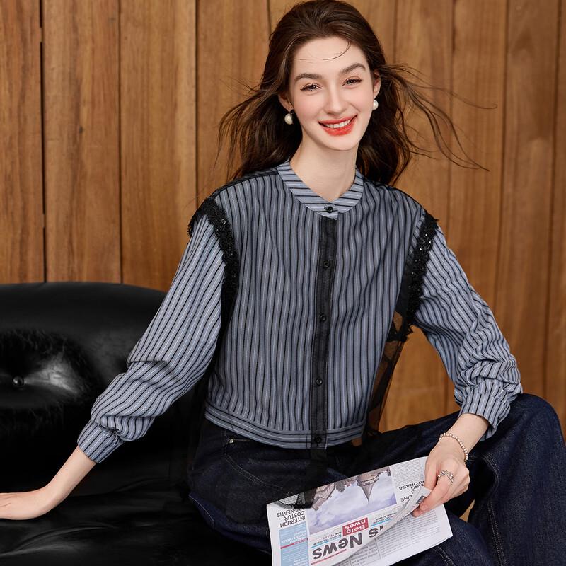 Bailuyu Women s Striped Patchwork Stand Collar Shirt M