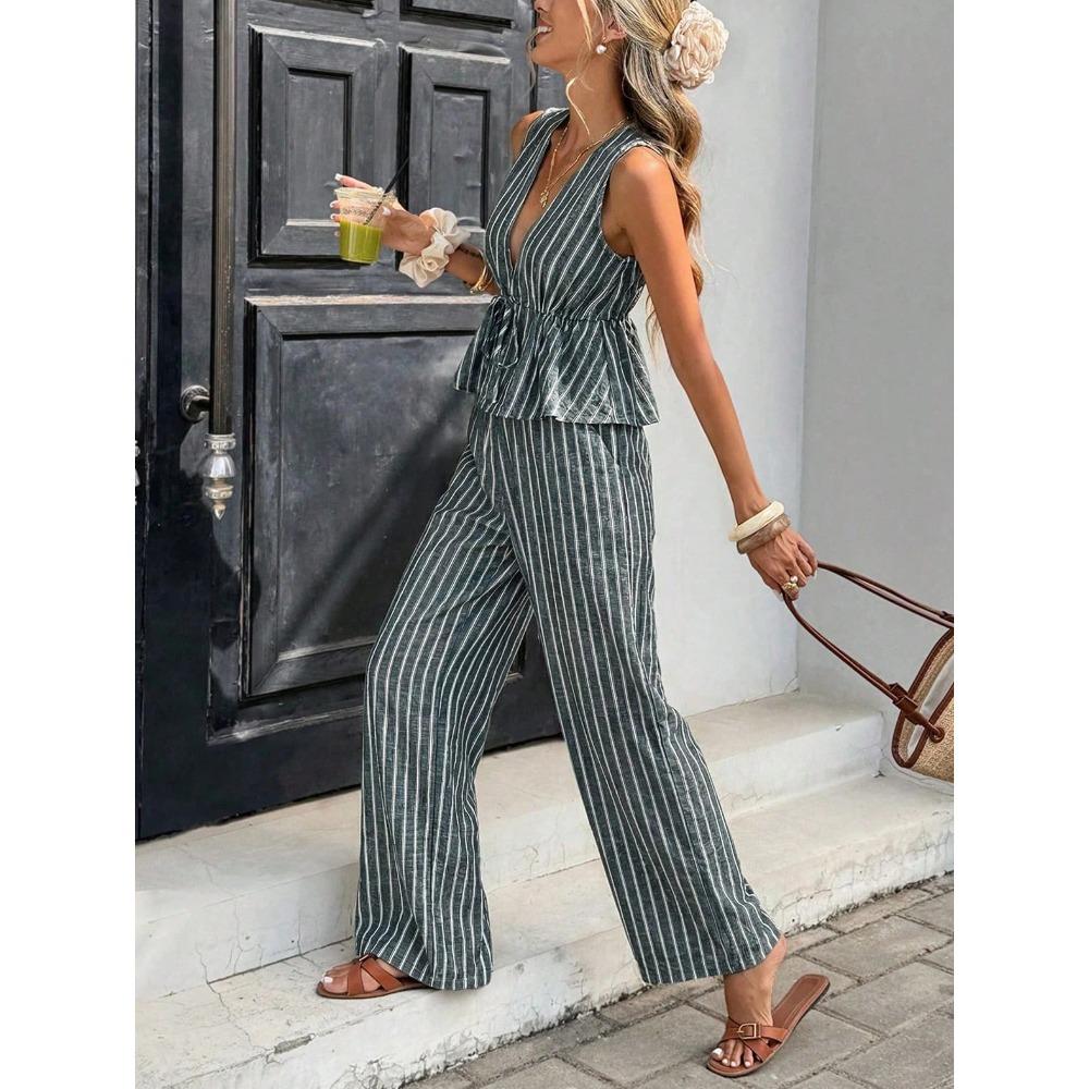 Ensemble 2 pièces élégant : Haut rayé sans manches à encolure en V et Pantalon large taille haute, Tenue décontractée d'été pour les vacances