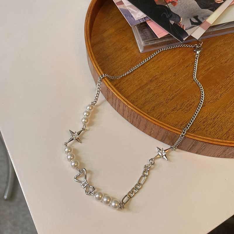 Imitation pearl splicing necklace women's temperament bow pendant light luxury niche design versatile collarbone chain