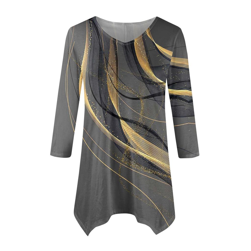 Moda Donna Casual Scollo a V Colore a Contrasto Stampato Manica a Sette Punti Camicia Cinturata Top Ampio Confortevole