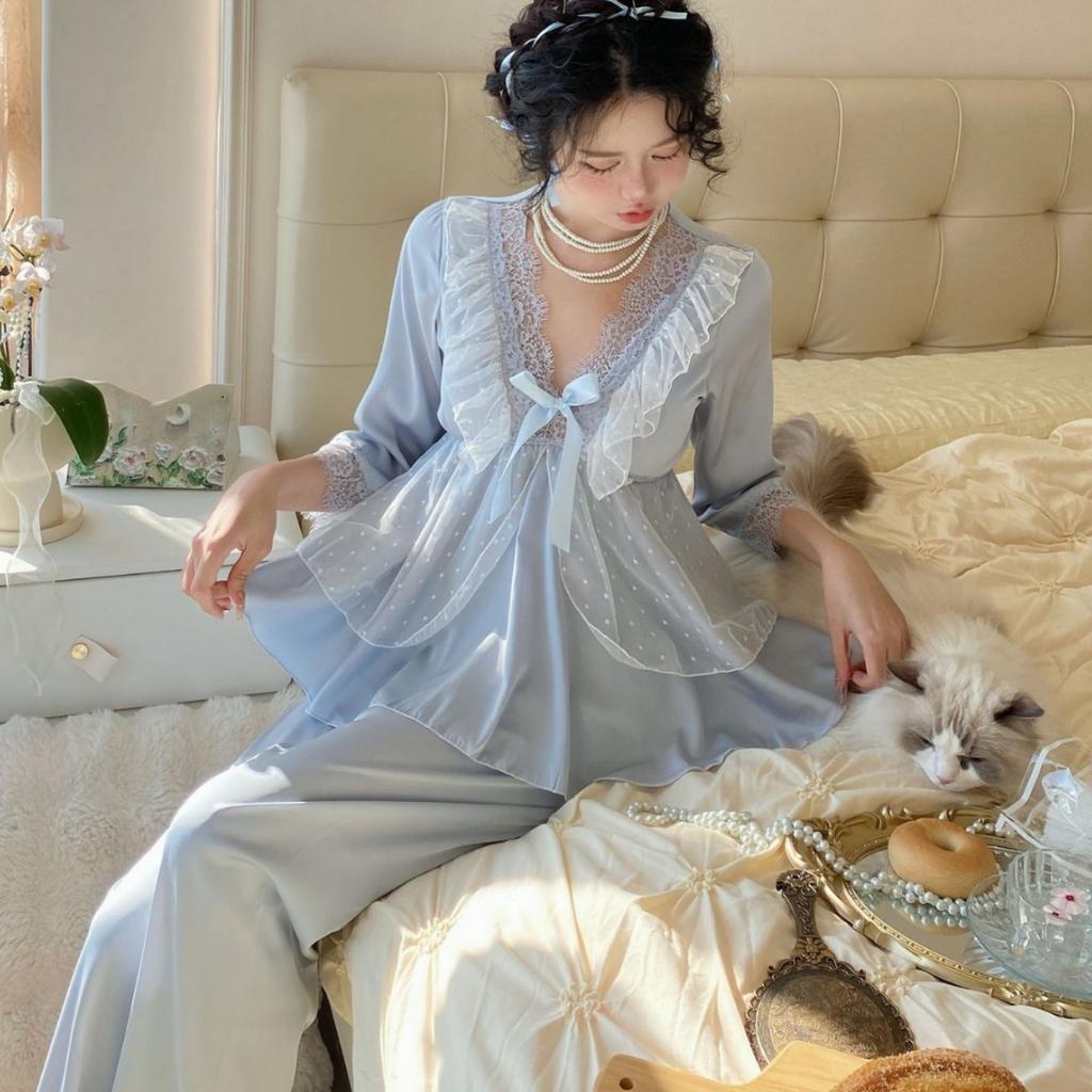 Damen 2-teiliges Pyjama-Set im französischen Palast-Stil, Prinzessinnen-Nachtwäsche, Pyjama-Anzug, Frühling/Sommer, Halbarm-Hose, Homewear, Loungewear