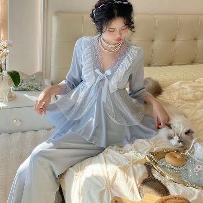 Women 2PCS Pajamas Set French Palace Style Princess Sleepwear Pijamas Suit Spring Summer Half Sleeve Trouser Homewear Loungewear