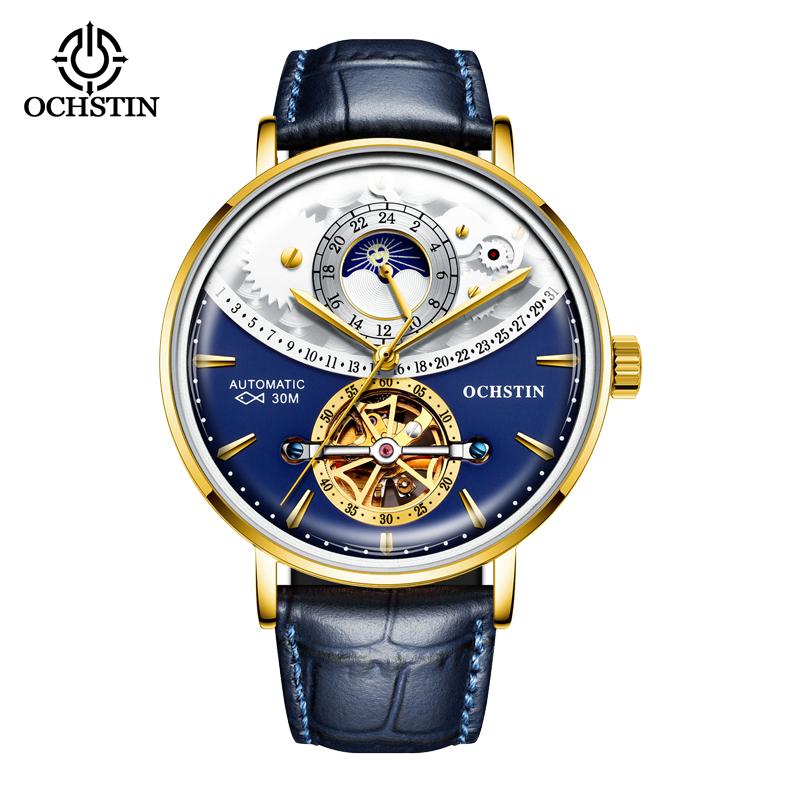 Ochstin New Model Sun And Moon Fully Automatic Watch Flywheel Mechanical Movement Watch Leather Strap Men's Mechanical Watches