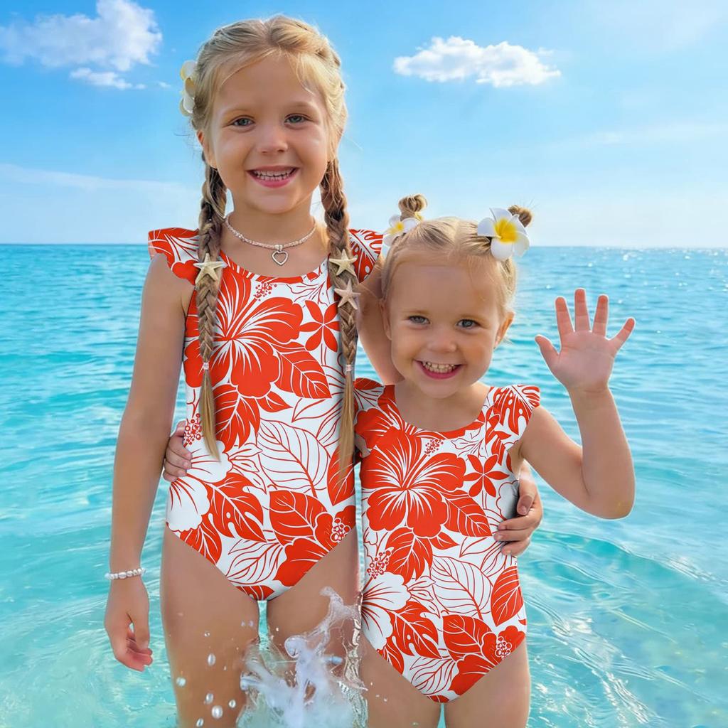 Costume da bagno intero per bambina Estate Stampa Hawaiana Costumi da bagno Bambini Moda Casual Manica a volant Abbigliamento da spiaggia Costume da bagno per bambini