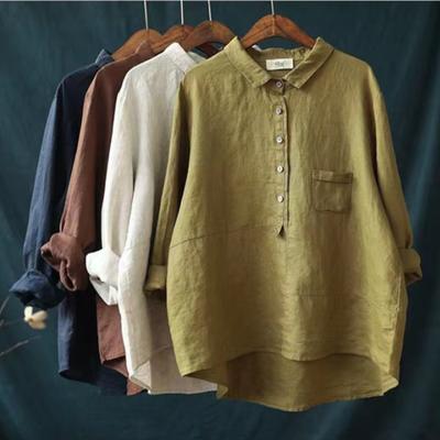 Spring and Autumn Casual Loose Solid Color Linen Shirt Women's Lapel Long-sleeved Cotton and Linen Women's Clothing