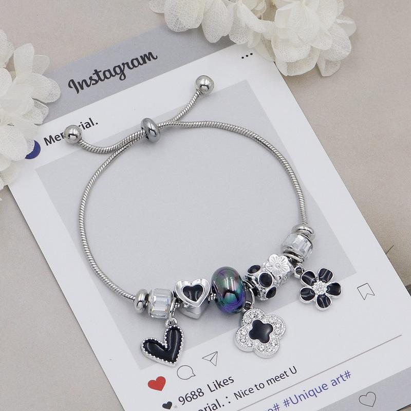 Adjustable Chain Bracelet With Diamond Clover Heart Flower Beads Luxury Charm Bangle For Women