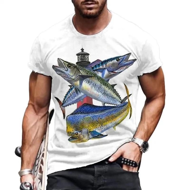 Men's Outdoor Fishing T-shirt, Casual Breathable Top, Short Sleeved, 3D Printed, Sporty and Fashionable Fitness, Large Size, Summer
