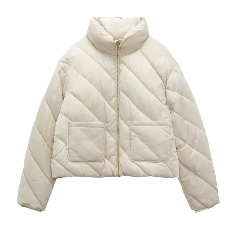 Womens Warm Quilted Cotton Puffer Jacket With Stand Collar Zip Front Lightweight Winter Coat Daily Wear