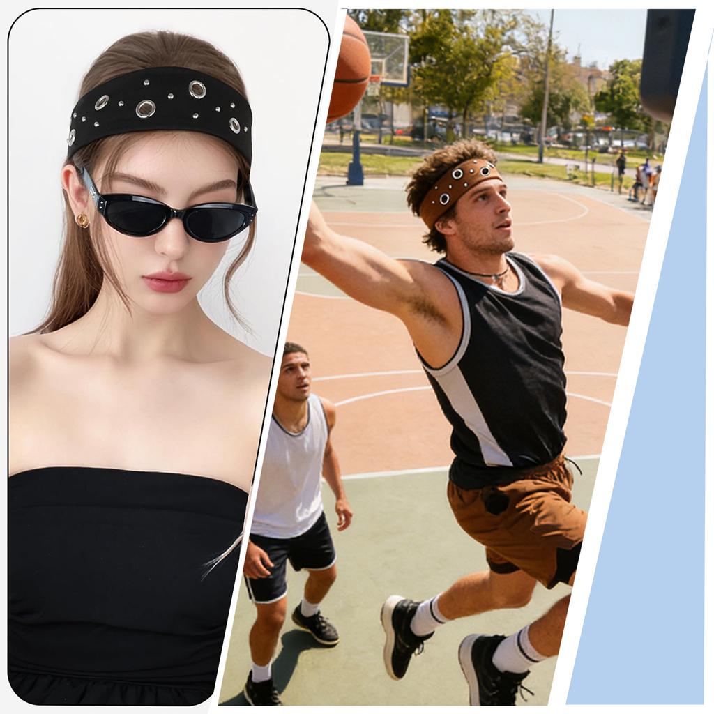 Elastische Punk Metal Oogjes Hoofdband, Unisex Brede Stretch Klinknagel Haarband, Retro Straat Sport Zweet Hoofdband