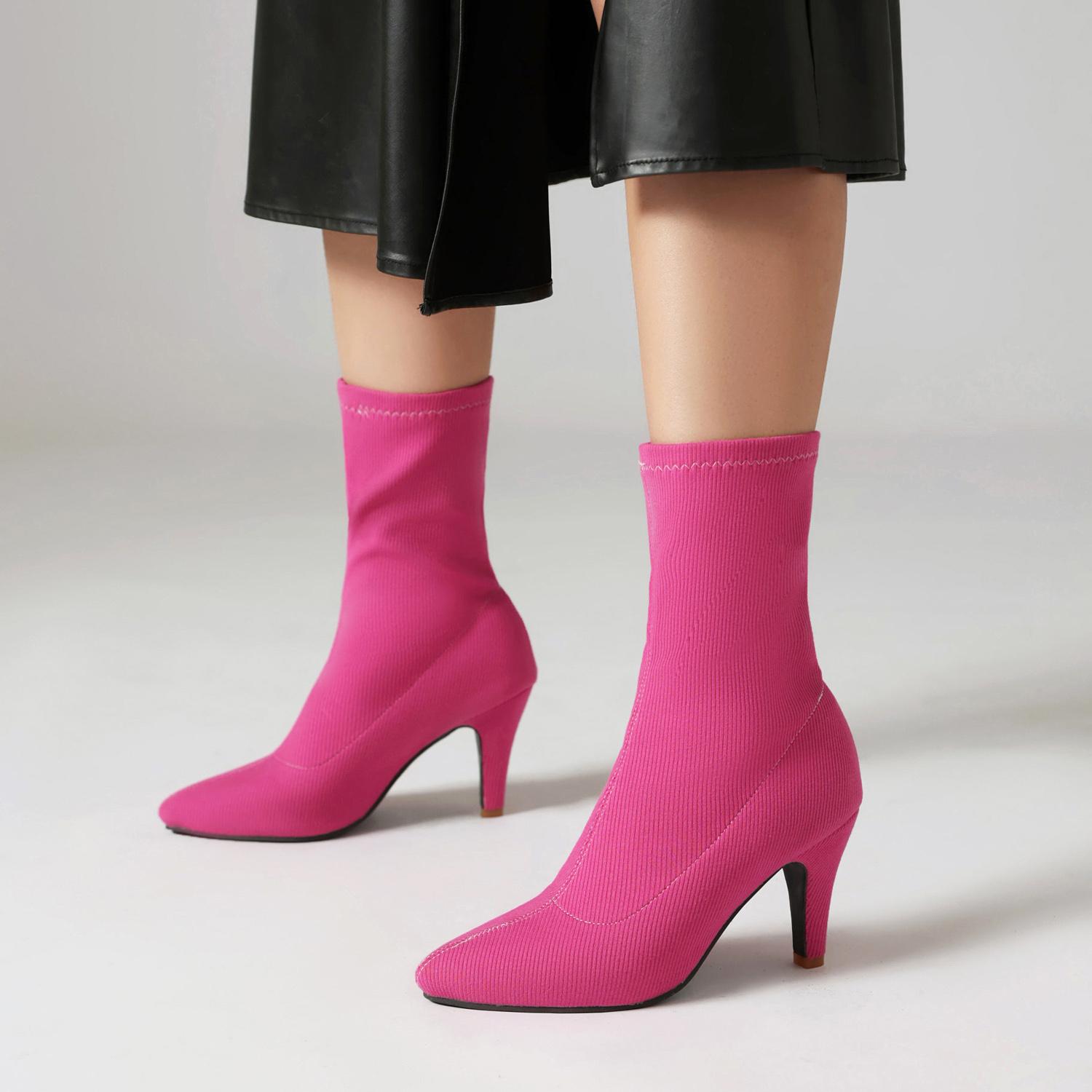 

Q/Женские короткие сапоги на высоком каблуке, весенне-осенний стиль, короткие сапоги на тонком каблуке, большие цветные эластичные сапоги 34 мальвовый