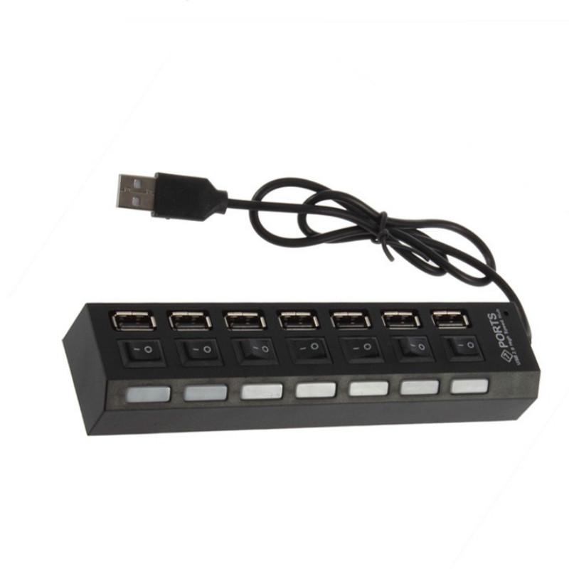 7 Ports LED USB 2.0 Adapter Hub Power On/off Switch for PC Laptop BK