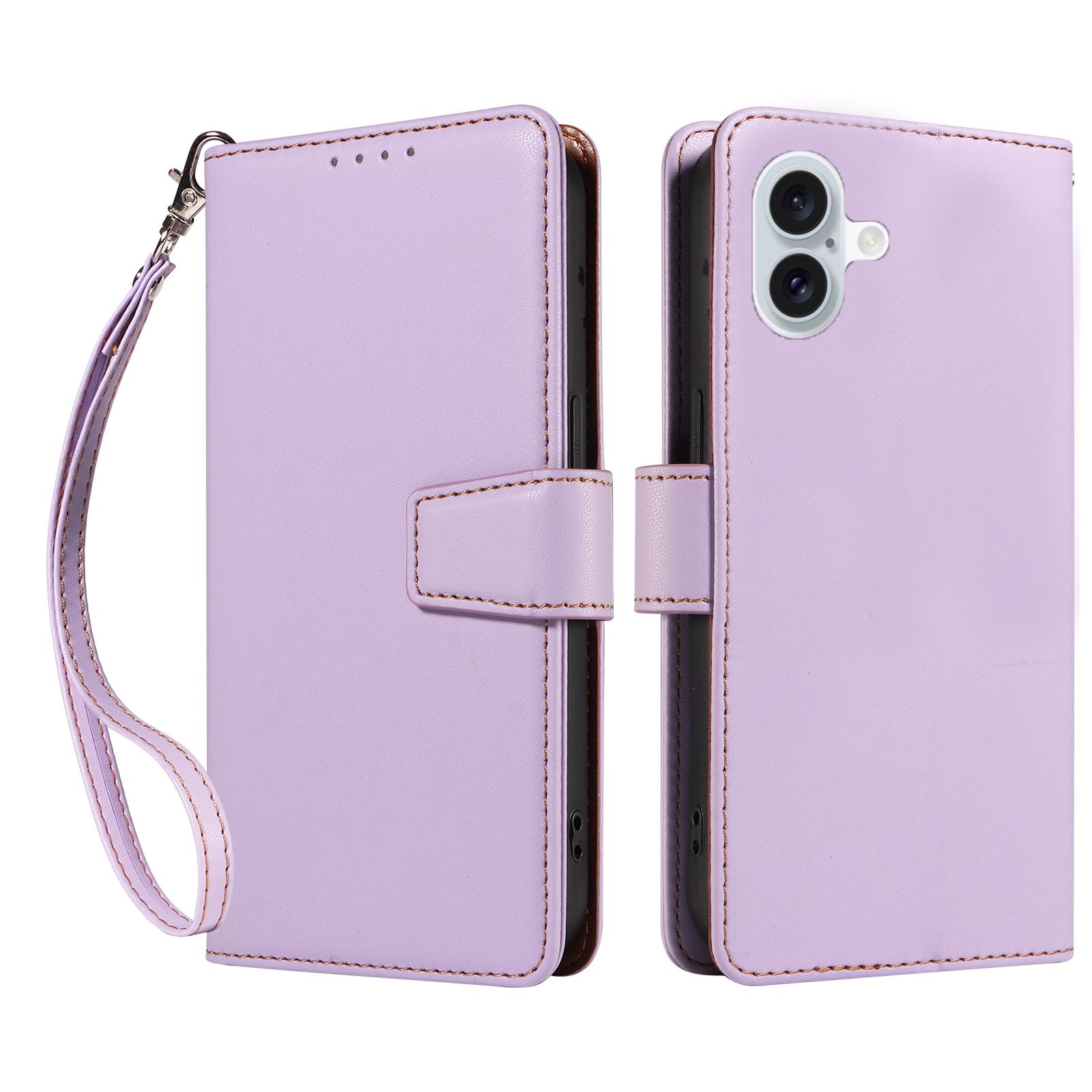 

For iPhone 16 Case RFID Blocking PU Leather Wallet Flip Phone Cover with Wrist Strap - Lavender Purple
