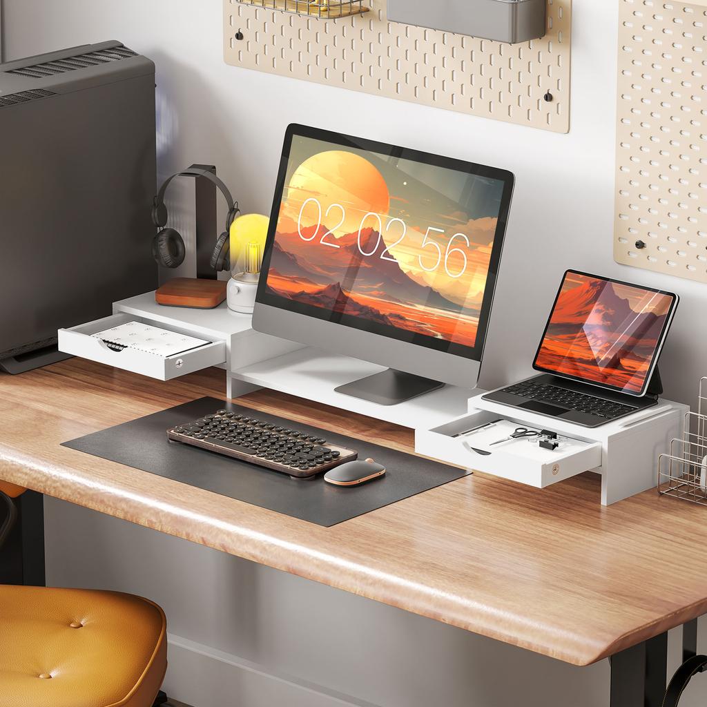 PC Screen Riser Desk Computer Monitor Stand 60-116 Cm with 2 Drawers, Adjustable Length and Angle