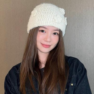 Korean Pure Handmade Flower Knitted Hat for Women In Autumn and Winter Warm Ear Protection  Face Showing Small Baotou Woolen Cold Hat