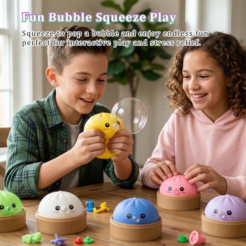 Cute Bubble-Blowing Squeeze Bun With Steamer Basket Toy Squishy Dumpling Stress Relief Fidget Toy Gift