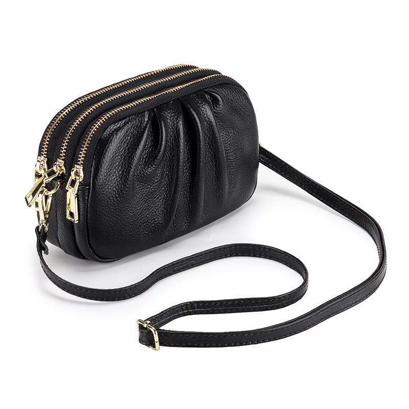 

Genuine Leather Women s Small Crossbody Bag - Versatile 2026 Ruched Design, Soft Leather, Large Capacity, Three-Layer Zipper Shoulder Bag чёрный