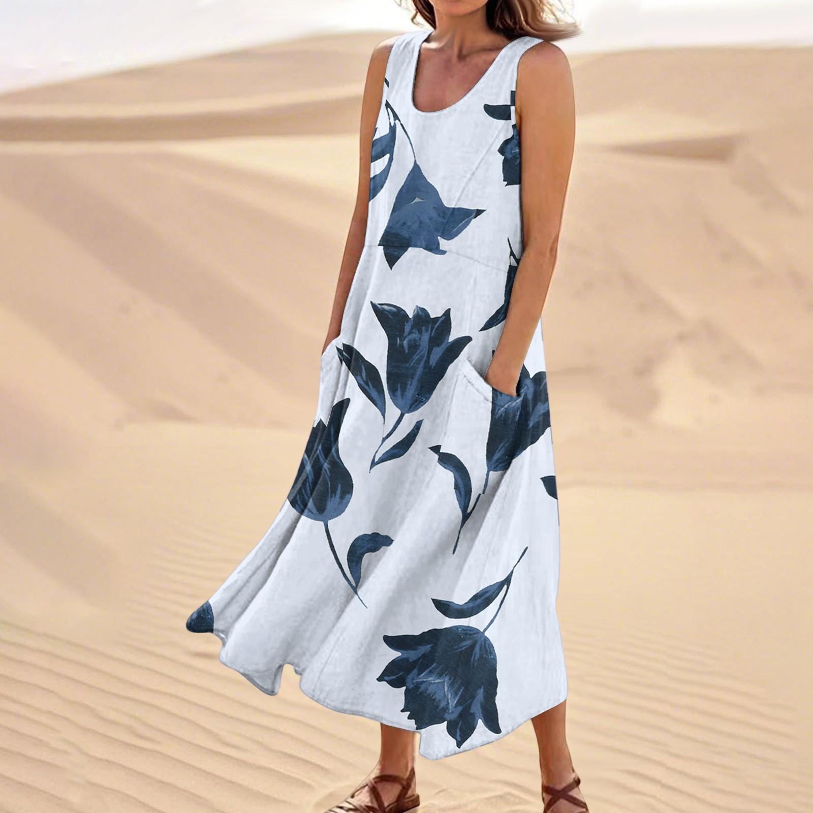 

Женское летнее повседневное модное платье без рукавов с цветочным принтом и карманом XL белый