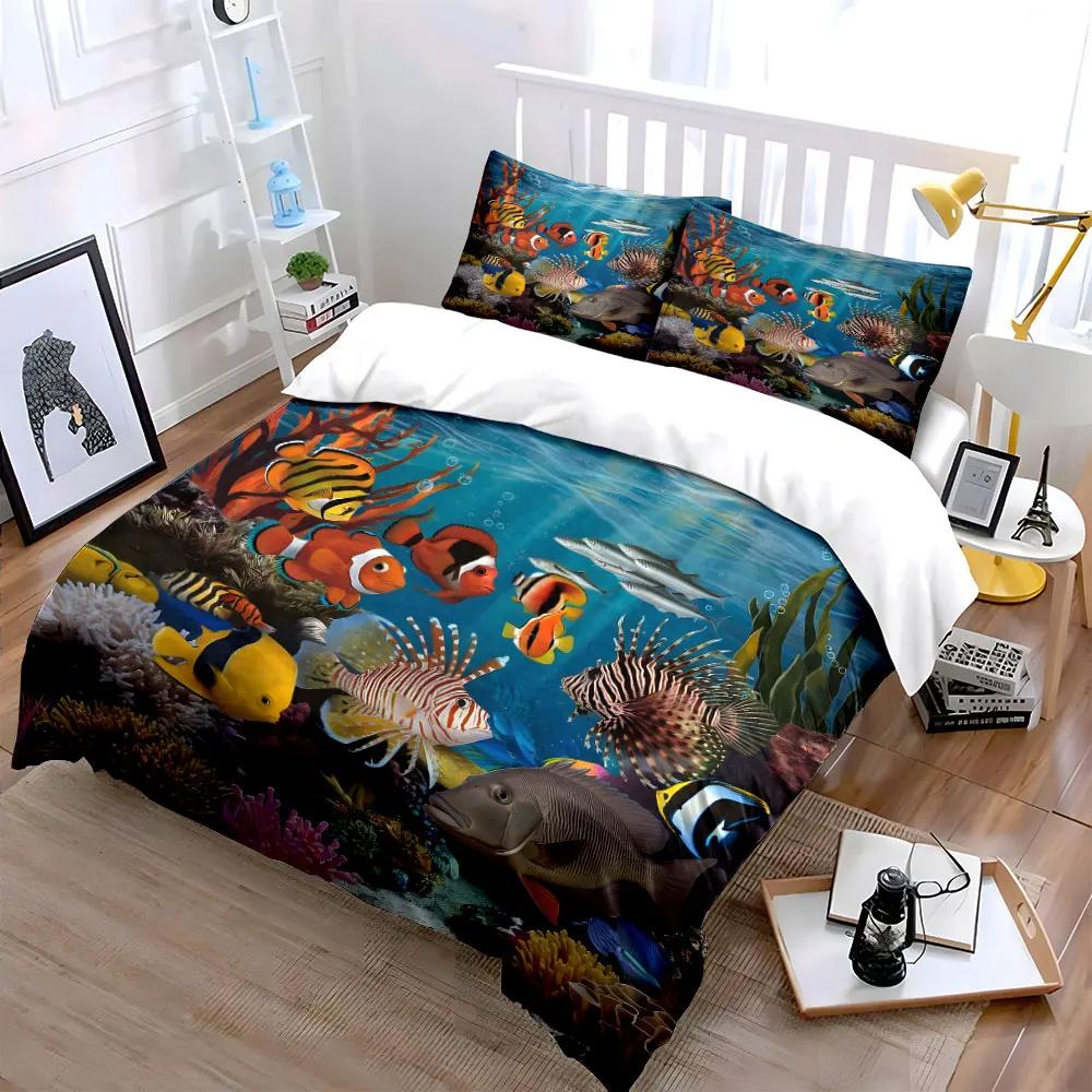 Underwater Marine Life Decor Set Multiple sizes kid's and adults' bedroom Exquisite 3PC bedding set gift