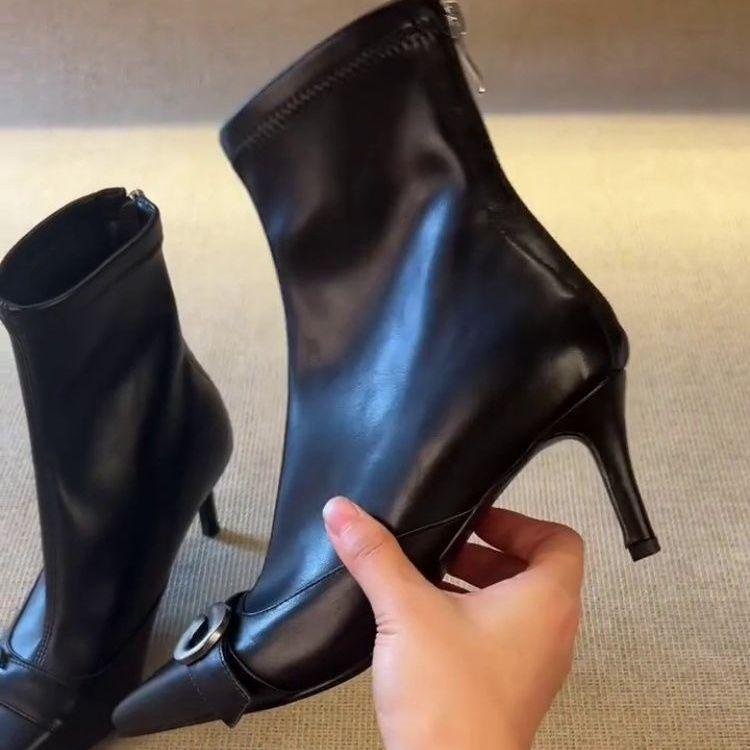 Niche Design Belt Buckle Pointed Head Thin Heel Short Boots Women's 2025 Autumn and Winter New Thin Rear Zipper High Heel Fashion Boots