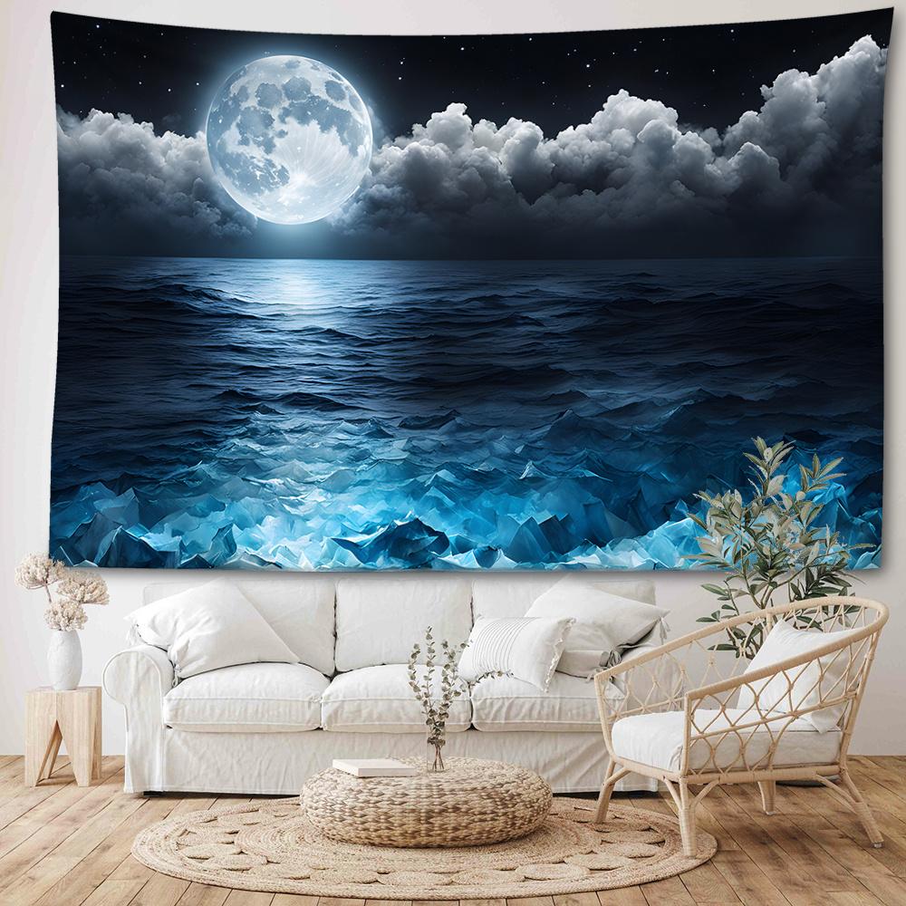 1 Ocean Moon Beach Tapestry Wall Hanging - Soft, Durable 100% Polyester Fabric | Vibrant Night Sky Design with Luminous Moonlight Reflections | Ideal