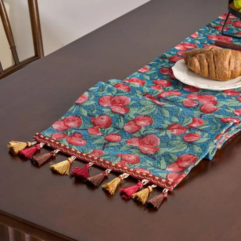 Chinese Style Vintage Tassel Table Runner Jacquard Living Room Bed Tail Coffee Dining Table Decoration Accessories Rustic Decor