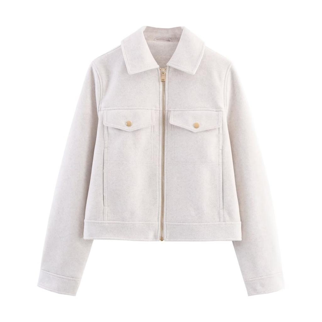 European and American Women's Clothing Autumn New Korean Commuter Style Versatile Soft Zipper Long-sleeved Short Woolen Jacket