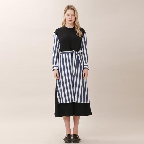 Bunderghost Color-Blocked Overskirt Long Dress (Striped)