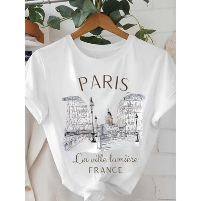 T-shirt con stampa Paris, Taglie Europee, Manica Corta, Girocollo, Top Casual per Estate e Primavera, Abbigliamento Donna
