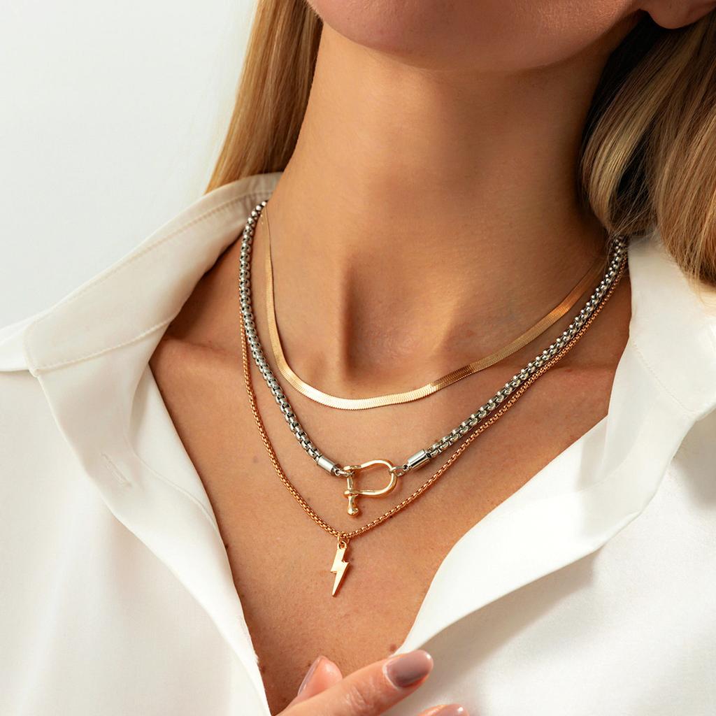 Hip-Hop Style Metal U-Shaped Horseshoe Buckle Chain Necklace, Creative Diamond-Encrusted Mango Star Pendant Stacked Necklace