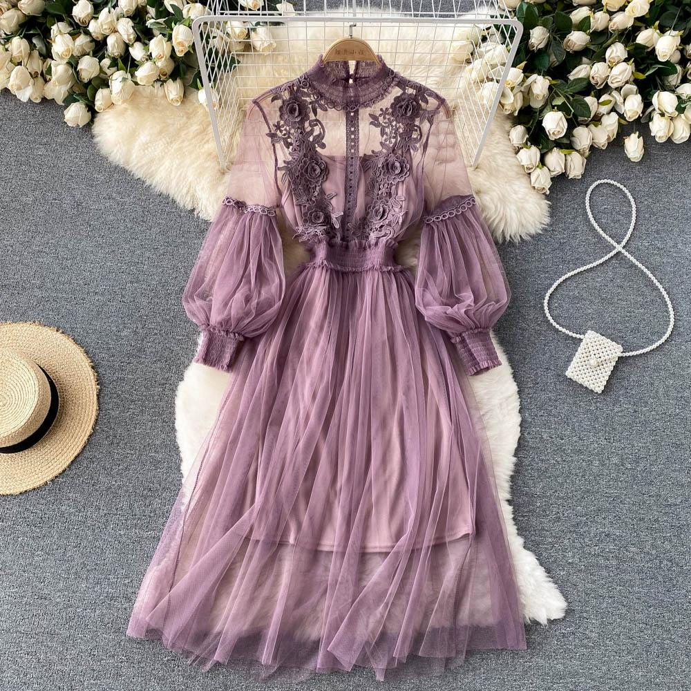 Three-dimensional Flower Mesh Temperament Stand-up Collar Lantern Sleeve High Waist Slimming Suspender Fairy Dress