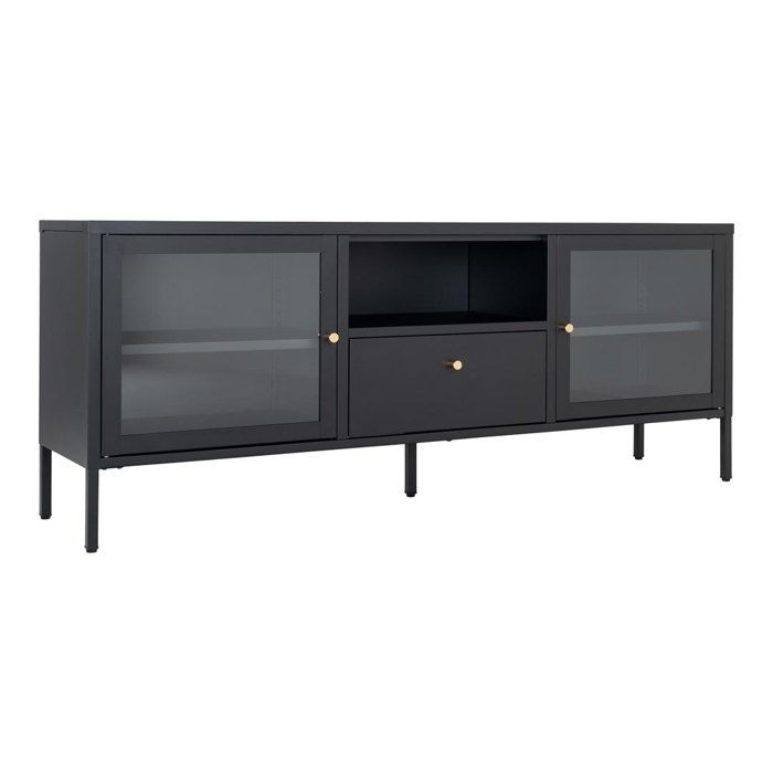 Dalby table TV 2 portes en verre, 1 tiroir, 1 tablette noir.