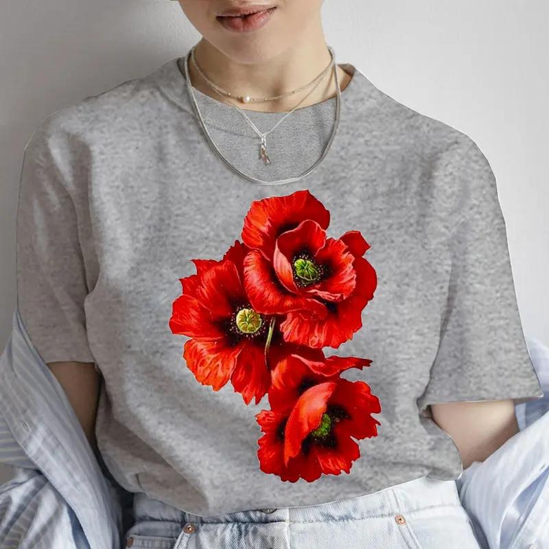 Fashion Red Poppy Flower Unisex T Shirt Funny Tops Tee Female Short Sleeve Tshirt Harajuku Tee Shirts Female Tee Girls Tshirts