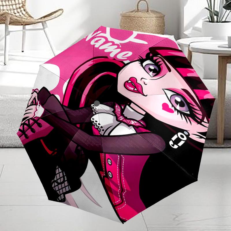 Custom Name Monster High Theme Automatic Umbrella, Lightweight & Portable, 8 Rib, Perfect for Outdoor Travel, Birthdays, Christmas, Gifts.