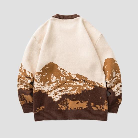 Herbst Winter Herren Pullover Batikmuster Schneeberg Muster Farblich passende Rundhals Strick Dick Lange Ärmel Warme Lose Herren Strickmode