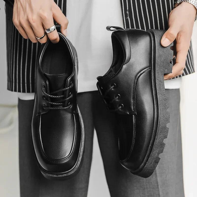 Módní pánské kožené boty s hranatou špičkou, lakované kožené ležérní boty pro muže, silná podrážka, derby boty v korejském stylu, formální pánské společenské boty