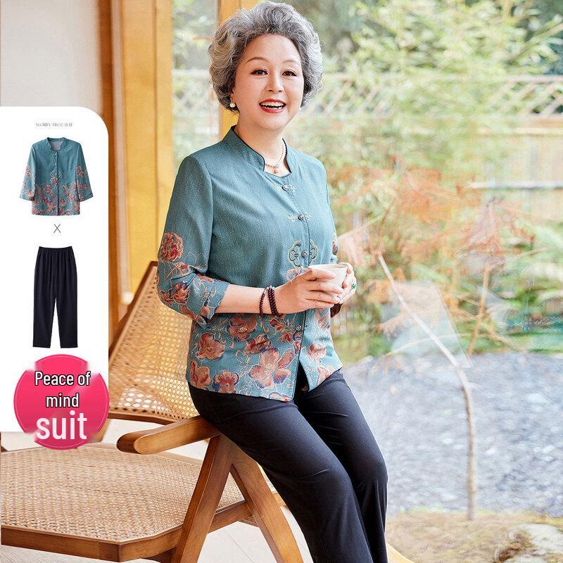 SIFONE Women s Retro Stand-Collar Seven-Sleeve Top  Pants Set 4XL зелёный