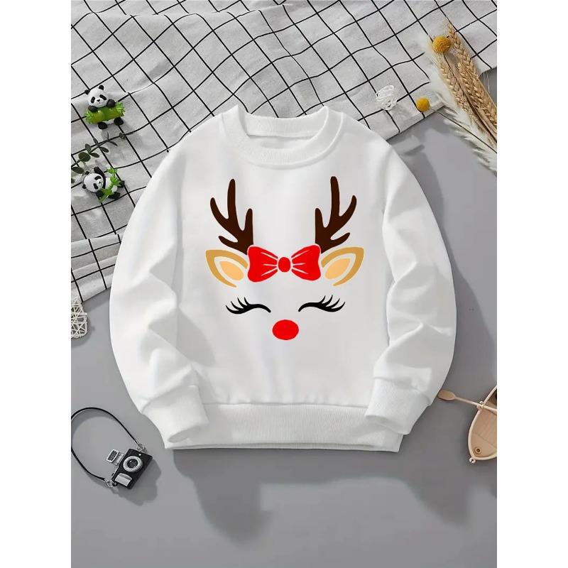 European Sizes Reindeer Face Bow Red Nose Kids' Hoodie, Round Neck Hoodie, Long Sleeved , Casual Multi Colored